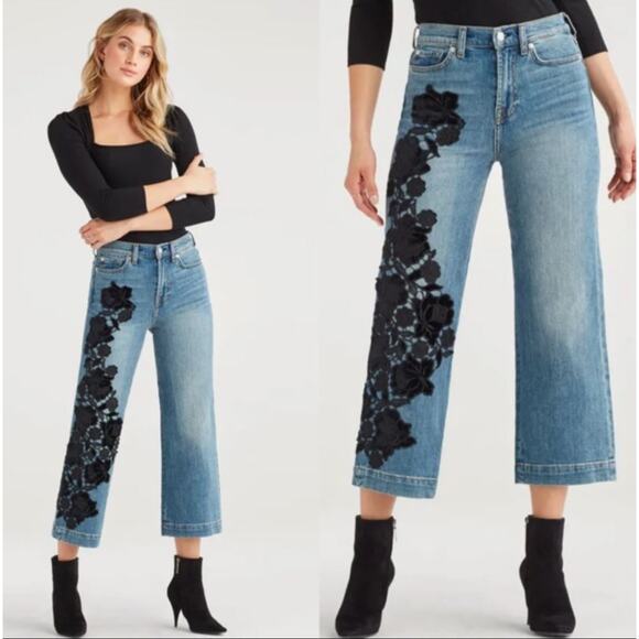 7 For All Mankind Cropped Alexa Jeans 26 Blue Denim Black Velvet Floral Appliqué - Picture 12 of 12